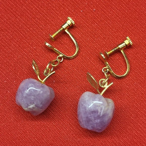 Vintage Amethyst Apple Purple Gemstone Earrings Gold Tone Adjustable Screw Earr - Picture 10 of 11